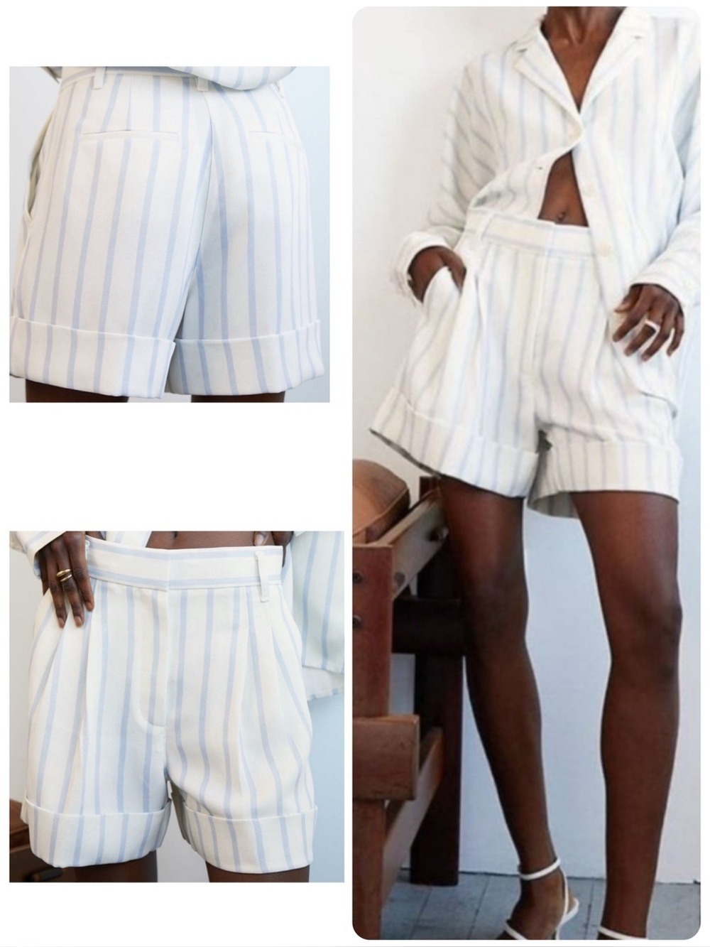 Aritzia Wilfred Labyrinth Shorts Blue White High Waist Pleated Cuffed Hem Size 2